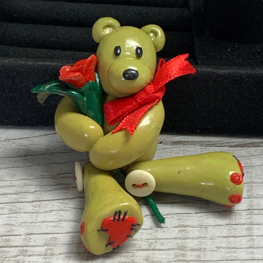 Vintage Green Teddy Bear Brooch with Red Rose and Ribbon Button Jointed Pin